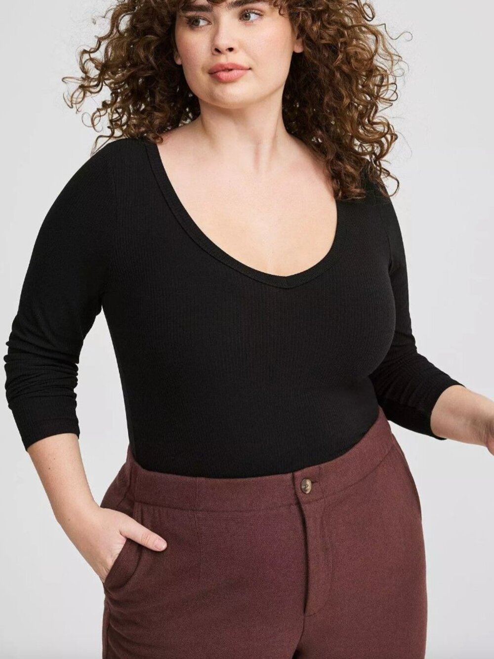 TORRID 1 Plus Size Ribbed V-Neck Top Solid Black Rib Long Sleeve Fitted Shirt 1X - Picture 4 of 16
